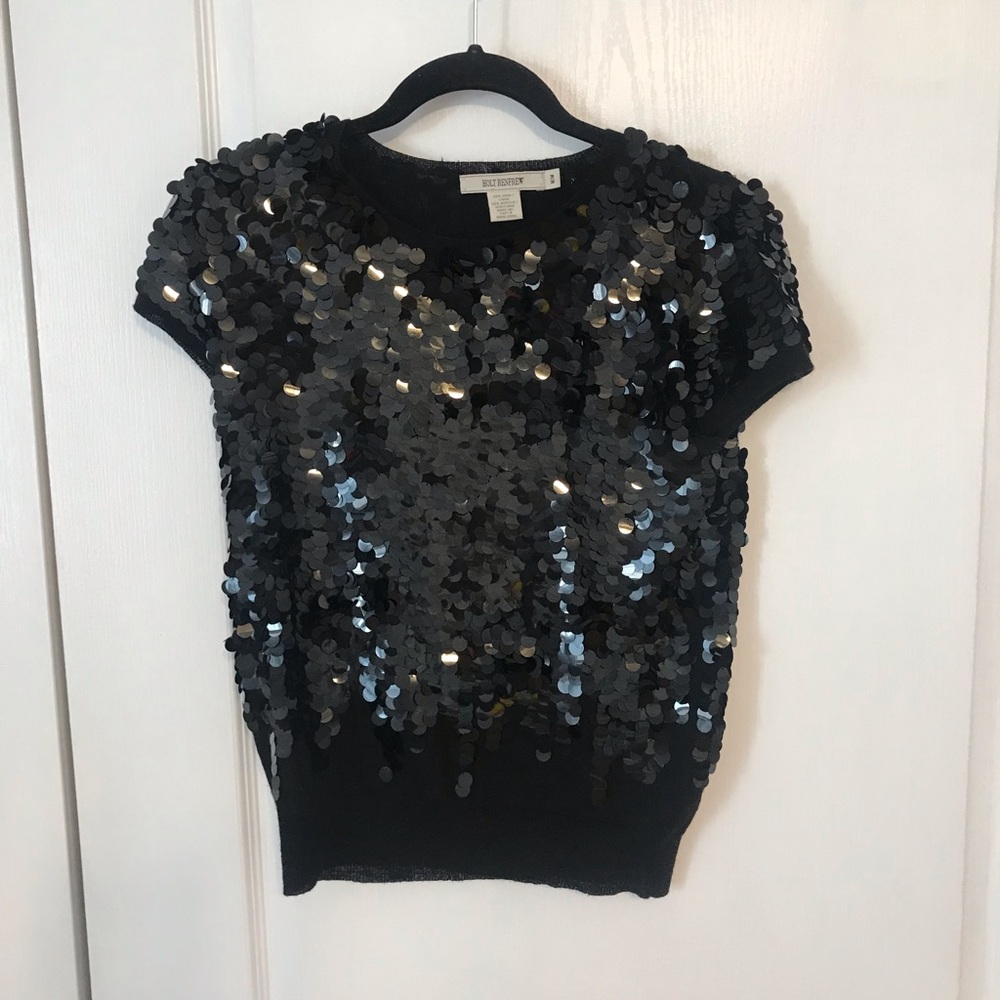 HOLT RENFREW black sequinned wool/acrylic top, sweater sparkles and shines!
